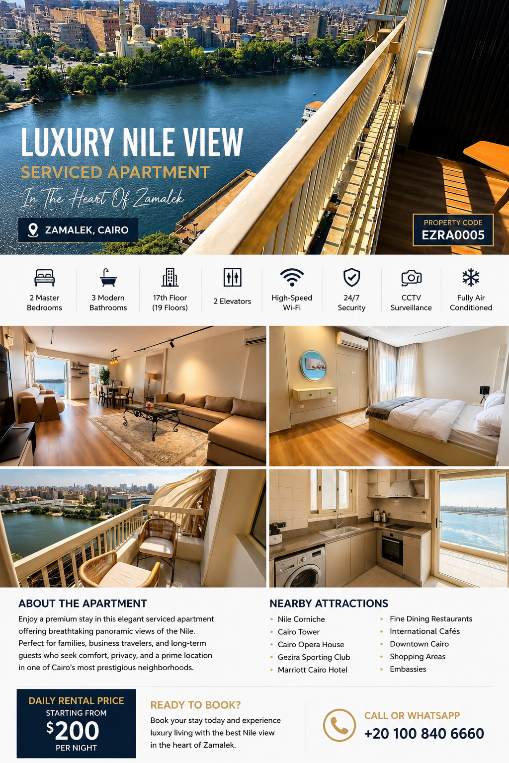 Luxury 2 Master Bedroom Serviced Apartment for Rent in Zamalek Abu El Feda Street EZRA0005