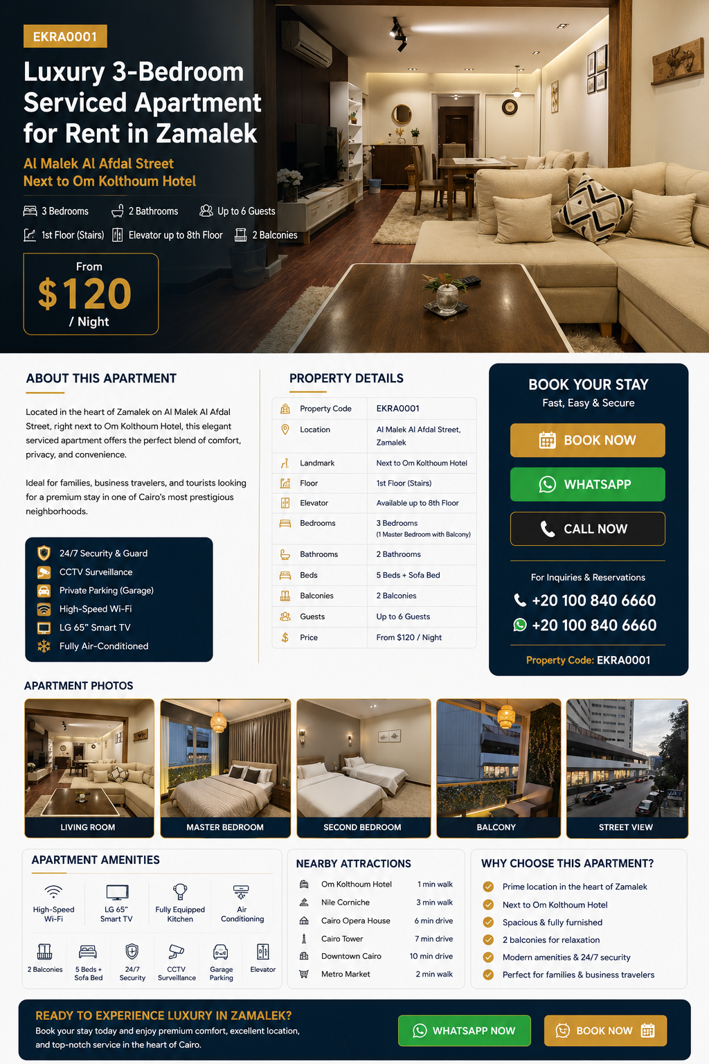 Luxury 3-Bedroom Serviced Apartment in Zamalek EKRA0001